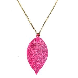 Hot Neon Pink Long Leaf Pendant Necklace New
